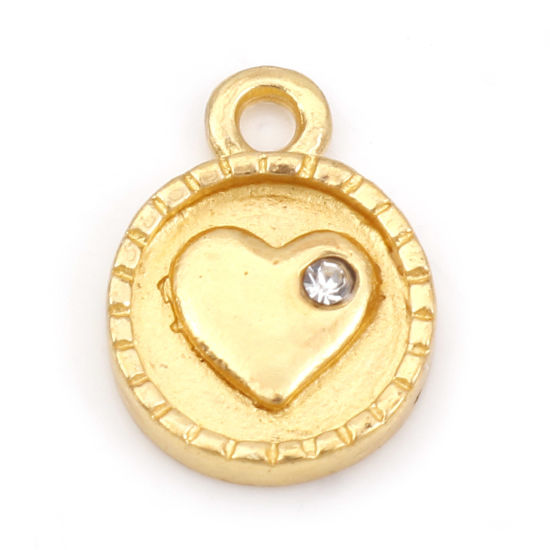 Picture of Zinc Based Alloy Valentine's Day Charms Gold Plated Round Heart Clear Rhinestone 13.5mm x 10mm, 20 PCs