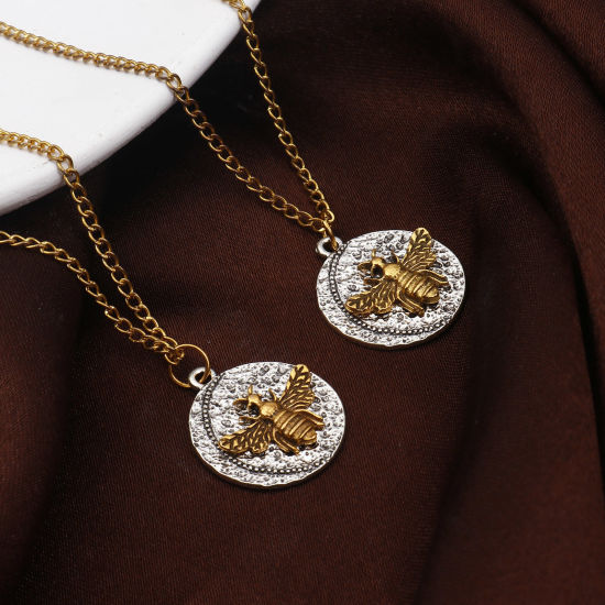 Immagine di Lega di Zinco Insetto Charms Tondo Oro Antico & Argento Antico Doppio Colore Ape 25mm x 21mm , 10 Pz