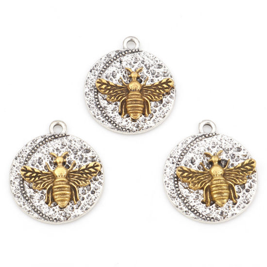 Immagine di Lega di Zinco Insetto Charms Tondo Oro Antico & Argento Antico Doppio Colore Ape 25mm x 21mm , 10 Pz