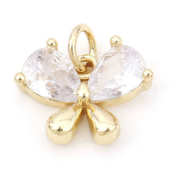 Picture of Brass Insect Charms 18K Real Gold Plated Butterfly Animal Clear Cubic Zirconia 14mm x 13.5mm, 1 Piece                                                                                                                                                         