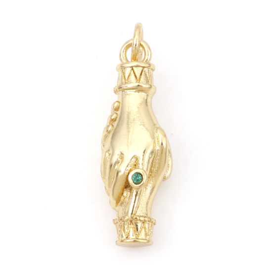 Picture of Brass Charms 18K Real Gold Plated Hand Green Cubic Zirconia 26.5mm x 8mm, 1 Piece                                                                                                                                                                             