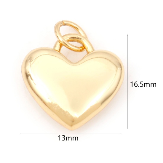 Image de Breloques La Saint Valentin en Laiton Cœur Plaqué Or Véritable 18K 3D 16.5mm x 13mm, 1 Pièce