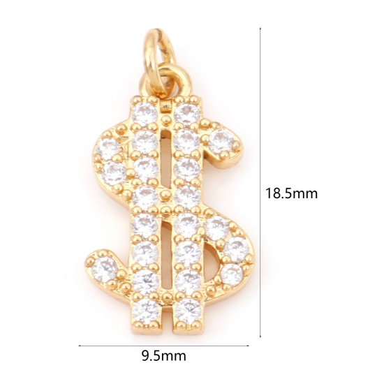 Picture of Brass Micro Pave Charms 18K Real Gold Plated Dollar Symbol Clear Cubic Zirconia 18.5mm x 9.5mm, 1 Piece