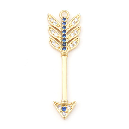 Picture of Brass Micro Pave Pendants 18K Real Gold Plated Arrow Clear & Blue Cubic Zirconia 3.2cm x 0.9cm, 1 Piece                                                                                                                                                       