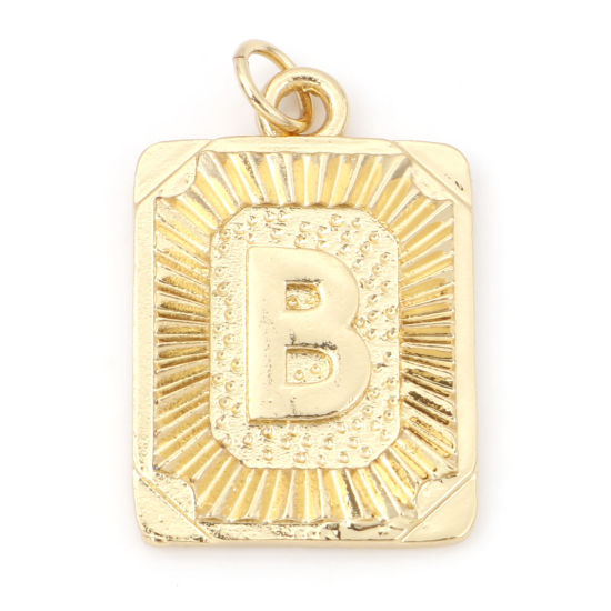 Image de Breloques en Laiton Rectangle Plaqué Or Véritable 18K Alphabet Initial/ Lettre Majuscule Mots" B " 27mm x 16mm, 1 Pièce