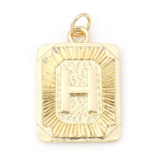 Image de Breloques en Laiton Rectangle Plaqué Or Véritable 18K Alphabet Initial/ Lettre Majuscule Mots" H " 27mm x 16mm, 1 Pièce
