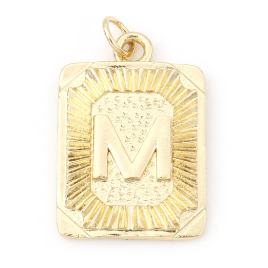 Immagine di Brass Charms 18K Real Gold Plated Rectangle Initial Alphabet/ Capital Letter Message " M " 27mm x 16mm, 1 Piece