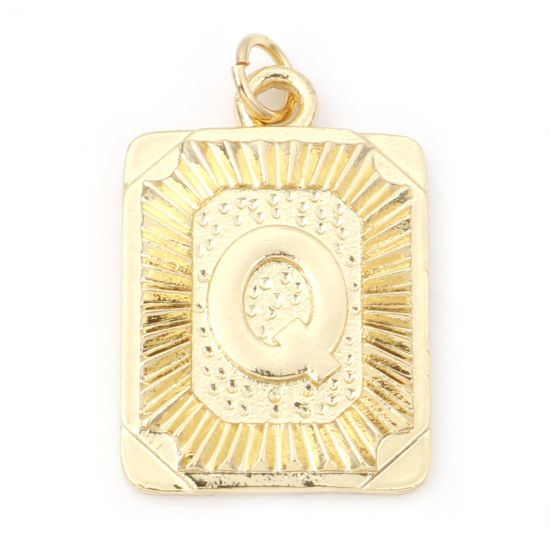 Image de Breloques en Laiton Rectangle Plaqué Or Véritable 18K Alphabet Initial/ Lettre Majuscule Mots" Q " 27mm x 16mm, 1 Pièce