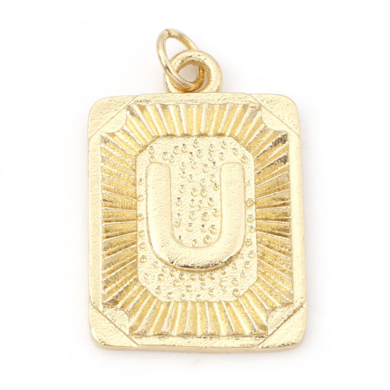 Image de Breloques en Laiton Rectangle Plaqué Or Véritable 18K Alphabet Initial/ Lettre Majuscule Mots" U " 27mm x 16mm, 1 Pièce
