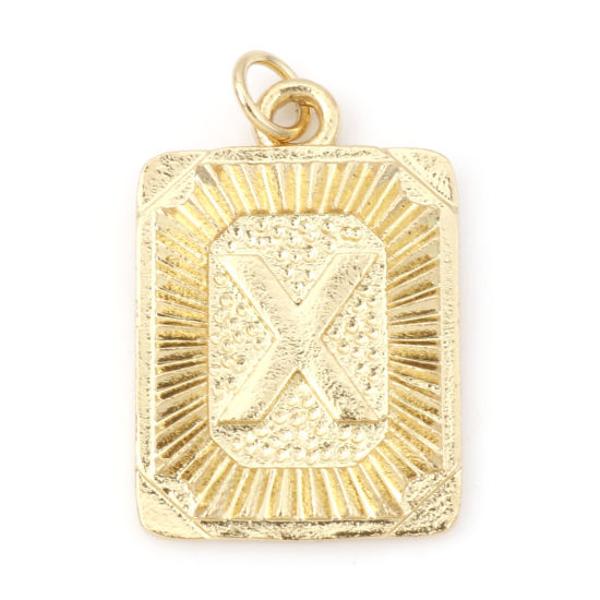 Image de Breloques en Laiton Rectangle Plaqué Or Véritable 18K Alphabet Initial/ Lettre Majuscule Mots" X " 27mm x 16mm, 1 Pièce