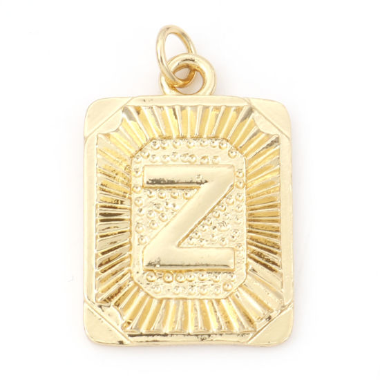 Image de Breloques en Laiton Rectangle Plaqué Or Véritable 18K Alphabet Initial/ Lettre Majuscule Mots" Z " 27mm x 16mm, 1 Pièce