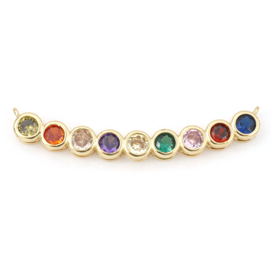 Picture of Brass Connectors Charms Pendants Arc Dot 18K Real Gold Plated Multicolour Cubic Zirconia 3.5cm x 0.8cm, 1 Piece