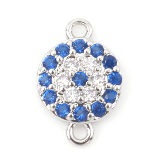 Bild von Messing Micro Pave Steckverbinder Charms Anhänger Echt Platin plattiert Rund Klar & Blau Zirkonia 8,5mm x 6mm, 2 Stück