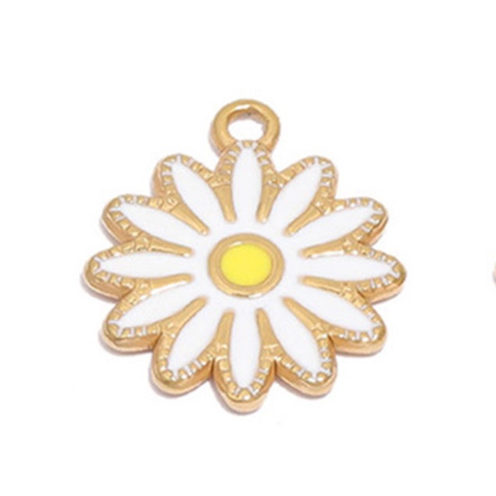 Image de Breloques en 304 Acier Inoxydable Marguerite Doré Blanc Émail 16.5mm Dia., 1 Pièce