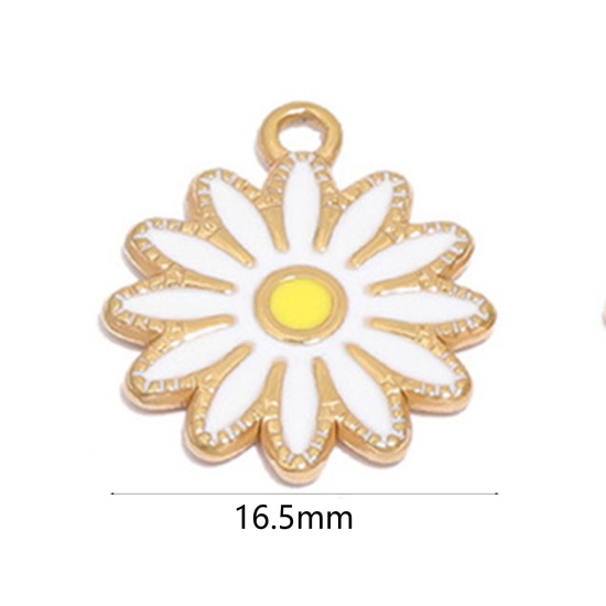 Image de Breloques en 304 Acier Inoxydable Marguerite Doré Blanc Émail 16.5mm Dia., 1 Pièce