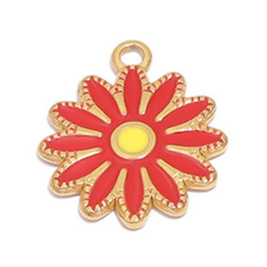 Image de Breloques en 304 Acier Inoxydable Marguerite Doré Rouge Émail 16.5mm Dia., 1 Pièce