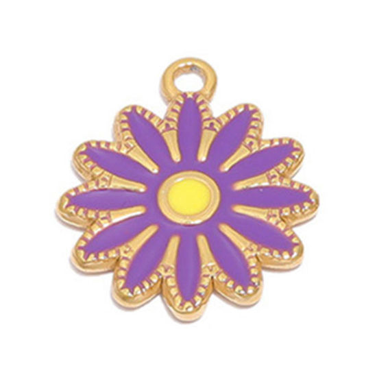 Image de Breloques en 304 Acier Inoxydable Marguerite Doré Violet Émail 16.5mm Dia., 1 Pièce