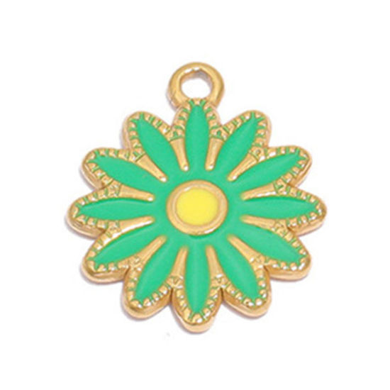 Image de Breloques en 304 Acier Inoxydable Marguerite Doré Vert Émail 16.5mm Dia., 1 Pièce