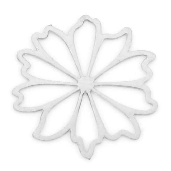 Imagen de Hierro Filigrana Estampación Colgantes Charms Tono de Plata Flor Hueco 17mm x 17mm, 20 Unidades