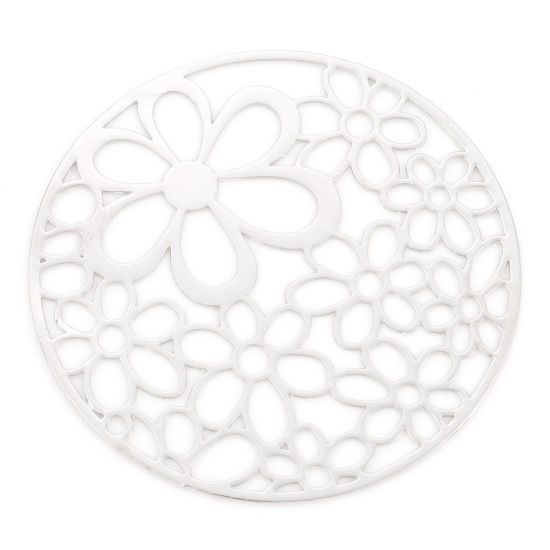 Immagine di Lega di Ferro Filigree Stamping Ciondoli Tondo Tono Argento Fiore Filigrana 4.1cm Dia, 5 Pz