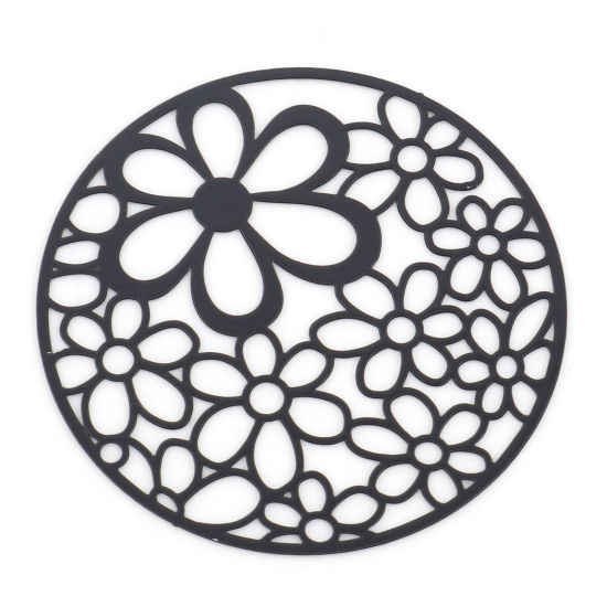 Immagine di Lega di Ferro Filigree Stamping Ciondoli Tondo Nero Fiore Filigrana 4.1cm Dia, 5 Pz