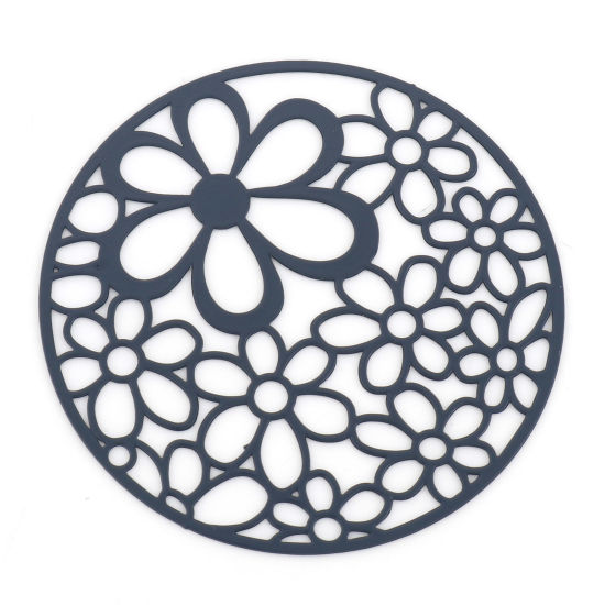 Immagine di Lega di Ferro Filigree Stamping Ciondoli Tondo Blu Inchiostro Fiore Filigrana 4.1cm Dia, 5 Pz