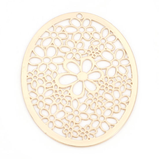 Imagen de Hierro Filigrana Estampación Colgantes Óvalo KC Dorado Flor Hueco 4.9cm x 3.7cm, 5 Unidades