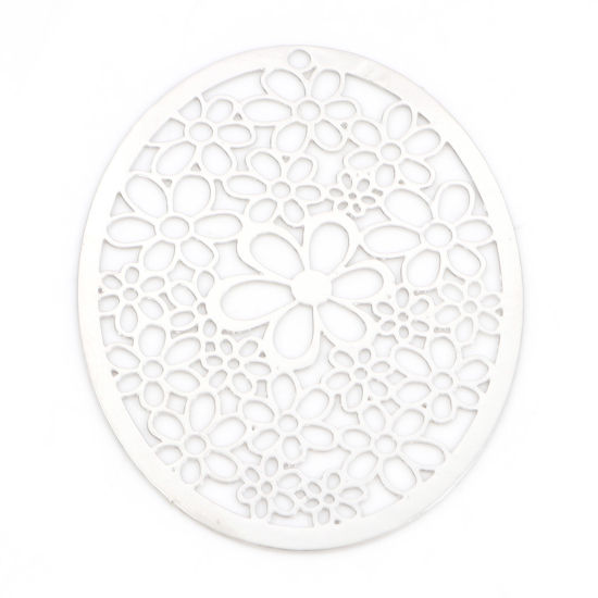 Imagen de Hierro Filigrana Estampación Colgantes Óvalo Tono de Plata Flor Hueco 4.9cm x 3.7cm, 5 Unidades