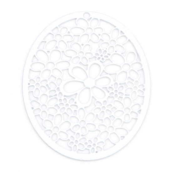 Imagen de Hierro Filigrana Estampación Colgantes Óvalo Blanco Flor Hueco 4.9cm x 3.7cm, 5 Unidades
