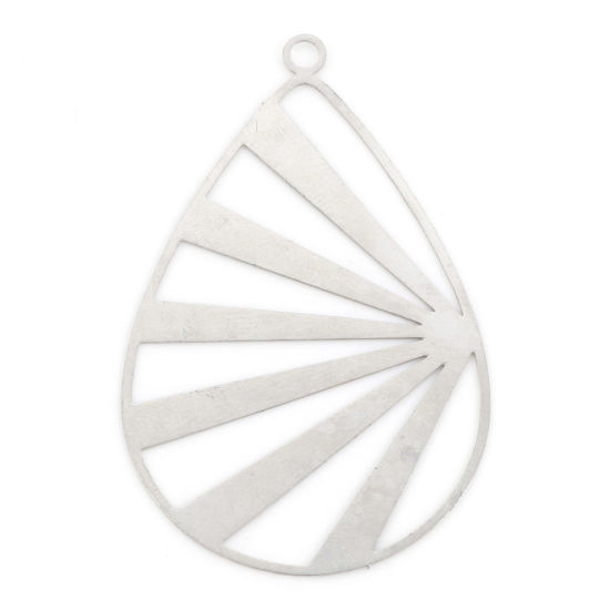 Imagen de Hierro Filigrana Estampación Colgantes Gota Tono de Plata Raya Hueco 4.7cm x 3cm, 10 Unidades