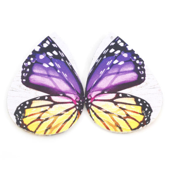Image de Pendentifs en PU Cuir Aile de Papillon Violet Double Face 5.6cm x 3.7cm, 5 Pcs