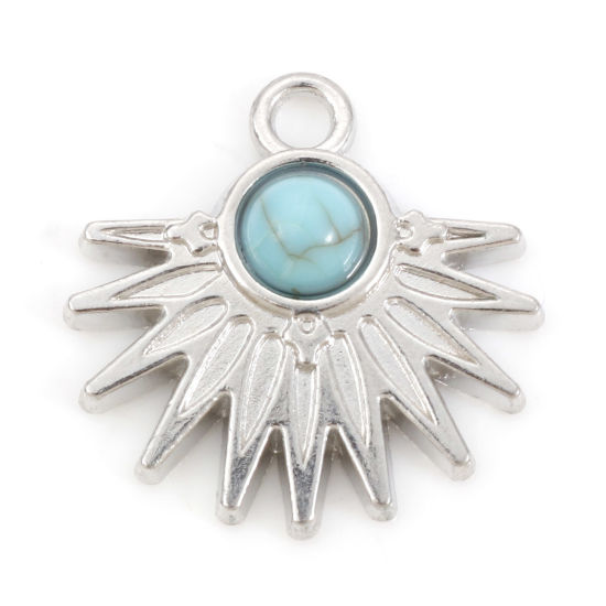 Image de Breloques Style Bohème en Alliage de Zinc Argent Mat Rayons de Soleil Avec Cabochons en Résine Turquoise Imitation 20mm x 20mm, 10 Pcs