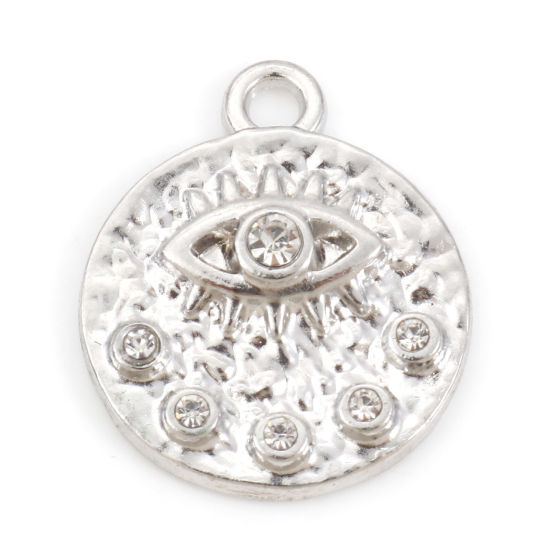 Image de Breloques Religieux en Alliage de Zinc Rond Argent Mat Oeil de la Providence/ Oeil Qui Voit Tout à Strass Transparent 21mm x 18mm, 10 Pcs