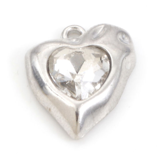 Image de Breloques La Saint Valentin en Alliage de Zinc Cœur Argent Mat à Strass Transparent 18mm x 15mm, 10 Pcs