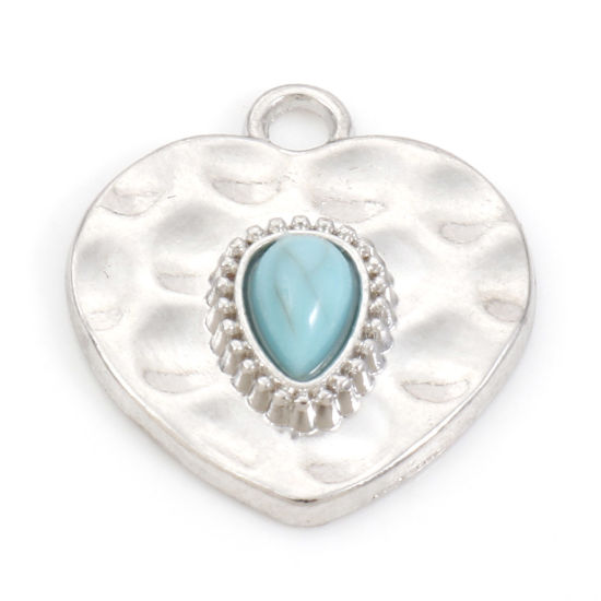 Image de Breloques Style Bohème en Alliage de Zinc Cœur Argent Mat Avec Cabochons en Résine Turquoise Imitation 20mm x 18mm, 10 Pcs