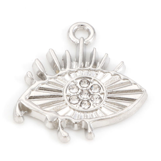 Image de Breloques en Alliage de Zinc œil Argent Mat à Strass Transparent 22mm x 21mm, 10 Pcs