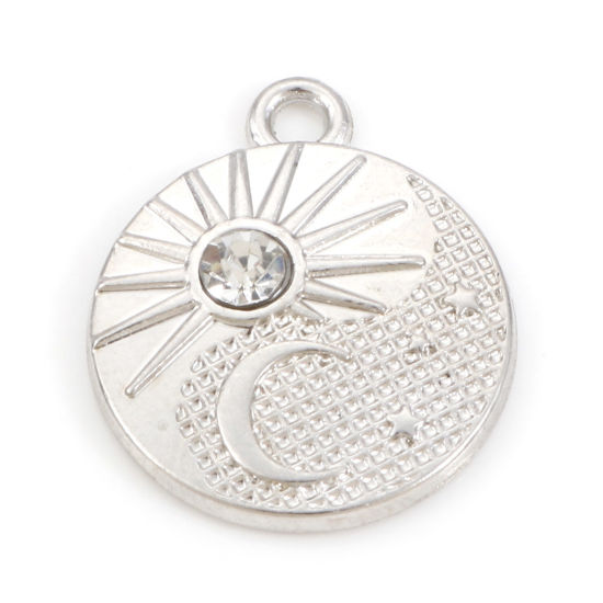 Image de Breloques Galaxie en Alliage de Zinc Soleil Argent Mat Lune à Strass Transparent 21mm x 18mm, 10 Pcs