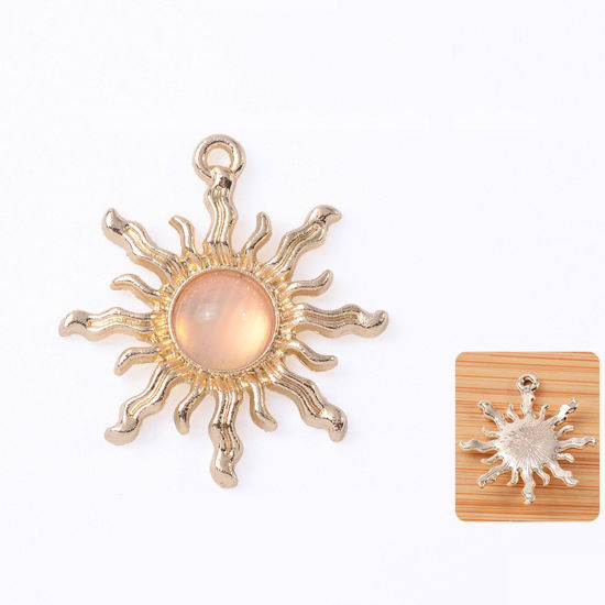 Picture of 10 PCs Zinc Based Alloy & Acrylic Galaxy Pendants KC Gold Plated Light Pink Sun 3cm x 2.7cm