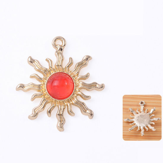 Picture of 10 PCs Zinc Based Alloy & Acrylic Galaxy Pendants KC Gold Plated Red Sun 3cm x 2.7cm