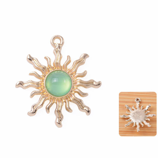 Picture of Zinc Based Alloy & Acrylic Galaxy Pendants KC Gold Plated Green Sun 3cm x 2.7cm, 10 PCs