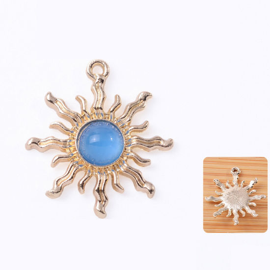 Picture of Zinc Based Alloy & Acrylic Galaxy Pendants KC Gold Plated Blue Sun 3cm x 2.7cm, 10 PCs