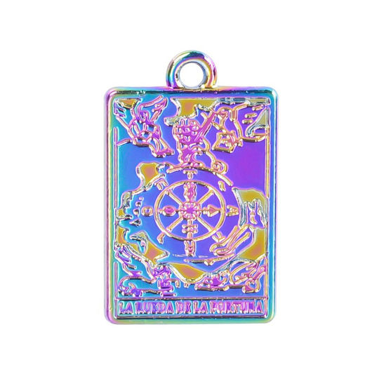 Imagen de Zamak Tarot Colgantes Charms Rectángulo Chapado en Color Arco Iris La rueda de la fortuna 23mm x 14mm, 5 Unidades
