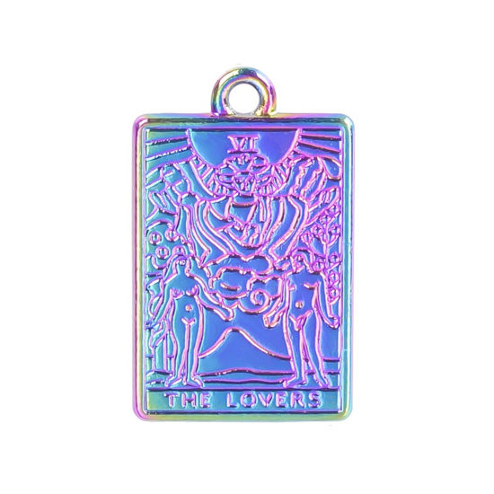 Imagen de Zamak Tarot Colgantes Charms Rectángulo Chapado en Color Arco Iris Los Amantes 23mm x 14mm, 5 Unidades