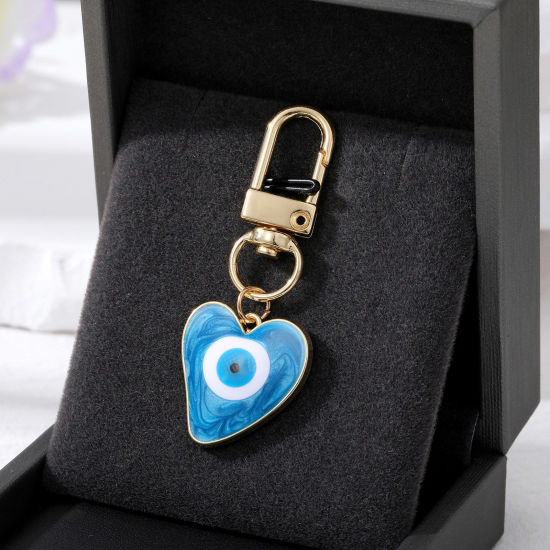 Picture of Simple Keychain & Keyring Gold Plated Blue Heart Evil Eye Enamel 5.7cm x 2.3cm, 1 Piece