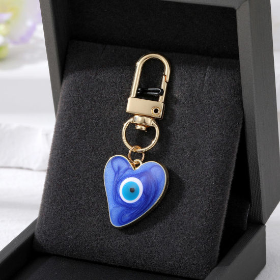 Picture of Simple Keychain & Keyring Gold Plated Dark Blue Heart Evil Eye Enamel 5.7cm x 2.3cm, 1 Piece