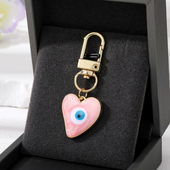 Picture of Simple Keychain & Keyring Gold Plated Pink Heart Evil Eye Enamel 5.7cm x 2.3cm, 1 Piece