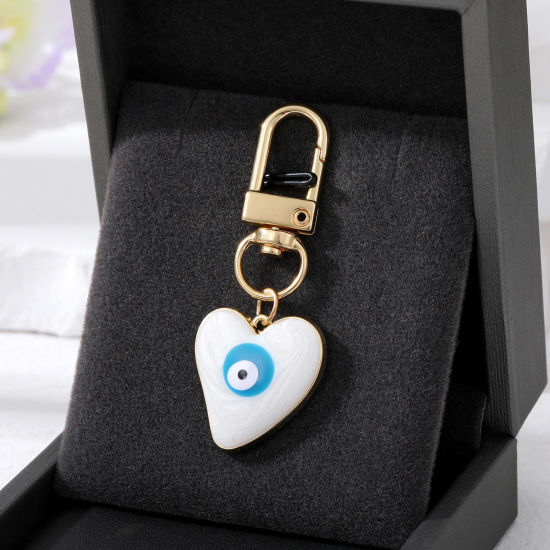 Picture of Simple Keychain & Keyring Gold Plated White Heart Evil Eye Enamel 5.7cm x 2.3cm, 1 Piece