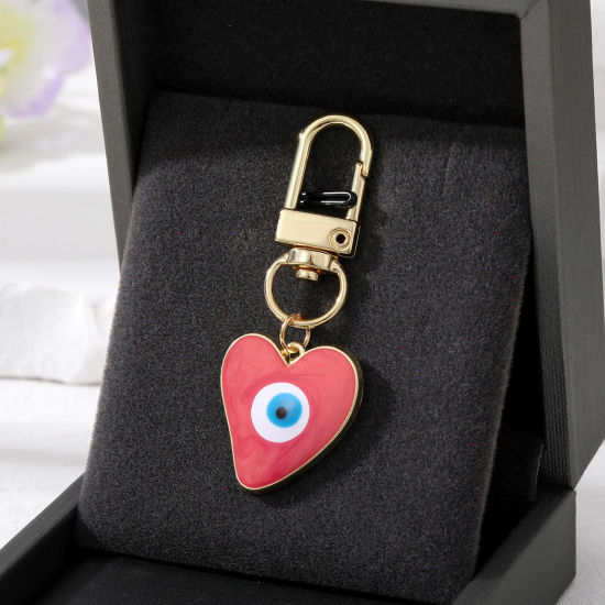 Picture of Simple Keychain & Keyring Gold Plated Red Heart Evil Eye Enamel 5.7cm x 2.3cm, 1 Piece