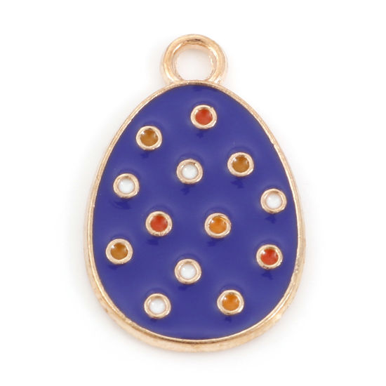 Bild von Zinklegierung Ostertag Charms Ei Vergoldet Dunkelblau Punkt Emaille 22mm x 14mm, 20 Stück