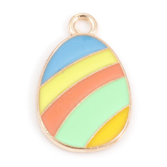 Bild von Zinklegierung Ostertag Charms Ei Vergoldet Bunt Streifen Emaille 22mm x 14mm, 20 Stück